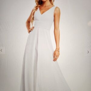 Jumpsuit/Pantsuit V-Neck Floor-Length Chiffon "Dress" With Ruffle- White-Size 12